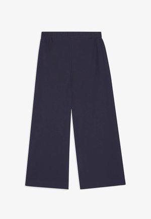 Pantalon large bleu marine court avec taille élastique et ourlet droit sur fond blanc.