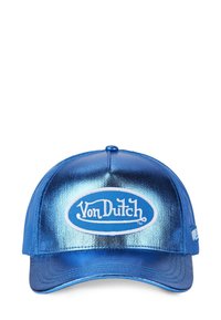 Blue metallic baseball cap with mesh backing, featuring a white oval logo with "Von Dutch" text in a stylized font.