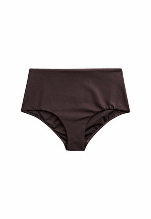 Dunkelbraune Bikinihosen mit hoher Taille, glattem, nahtlosem Design und mittlerem Beinausschnitt auf weißem Hintergrund.