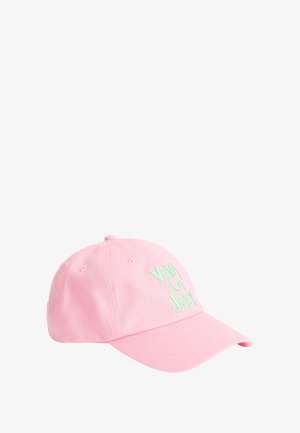 Rosa Baseballcap aus Baumwolle mit verstellbarem Riemen. Auf der Vorderseite befindet sich der gestickte grüne Text "VIVA LA JUICY".
