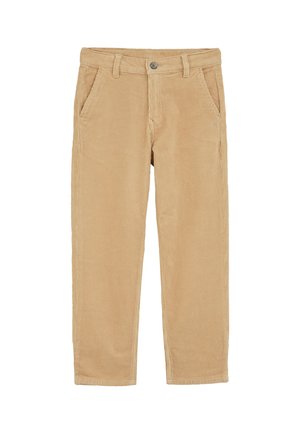Beige Corduroyhose mit strukturierter Oberfläche, geraden Beinen, frontalen Taschen und einem Metallknopfverschluss an der Taille.