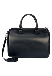 Sac de voyage en cuir noir avec deux poignées supérieures, bandoulière amovible et fermeture éclair sur fond blanc.