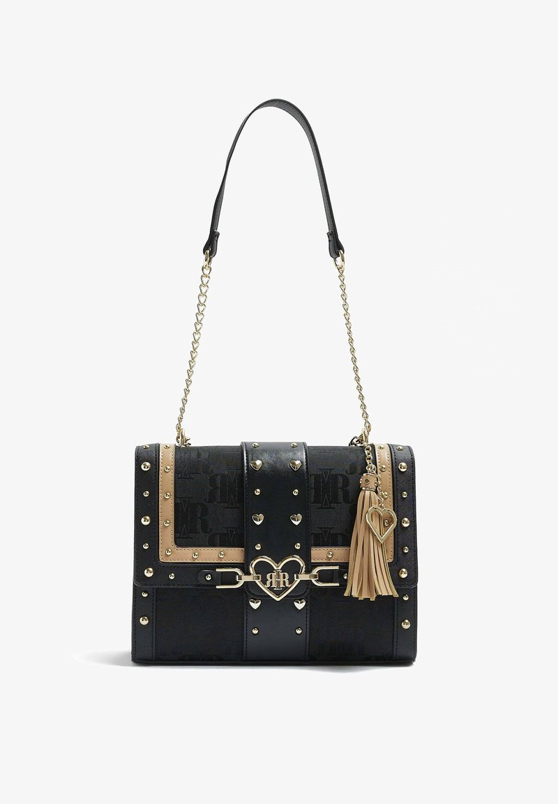Black synthetic handbag with gold hardware, studded accents, and a decorative tassel. Features a heart-shaped clasp and a chain strap.