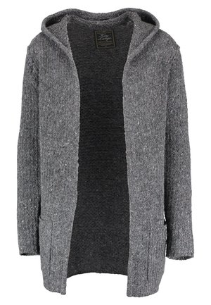 Gray, knitted cardigan with a hood, open front, two side pockets, textured fabric, and speckled pattern throughout.