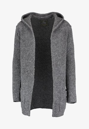 Grijze, gebreide cardigan met een capuchon, open voorkant, twee zijzakken, textuurstof en een gespikkeld patroon.