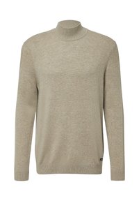 Beiger Rollkragenpullover aus weichem Strickmaterial; figurbetontes Design mit geripptem Kragen und Bündchen; dezentes Markenlogo am Saum.