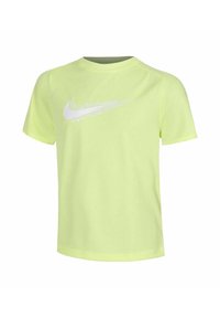 T-shirt Nike giallo neon con maniche corte, scollatura rotonda e logo swoosh bianco sul petto. Realizzato in un tessuto morbido e traspirante.