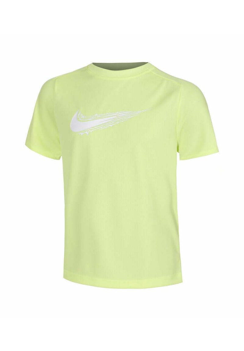 T-shirt Nike giallo neon con maniche corte, scollatura rotonda e logo swoosh bianco sul petto. Realizzato in un tessuto morbido e traspirante.