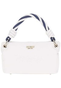 Sac à main blanc en simili cuir avec une anse torsadée bleu marine et blanche, quincaillerie dorée et un logo à l'avant. Texture lisse, forme rectangulaire.