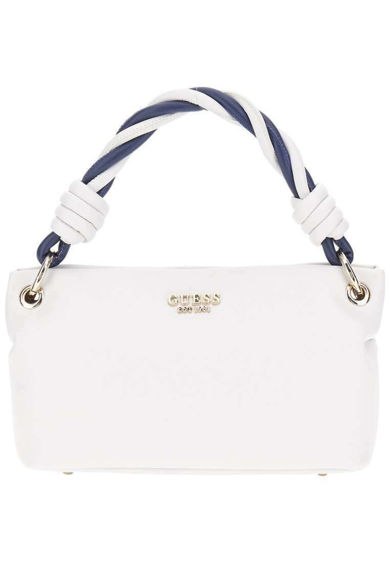 Sac à main blanc en simili cuir avec une anse torsadée bleu marine et blanche, quincaillerie dorée et un logo à l'avant. Texture lisse, forme rectangulaire.