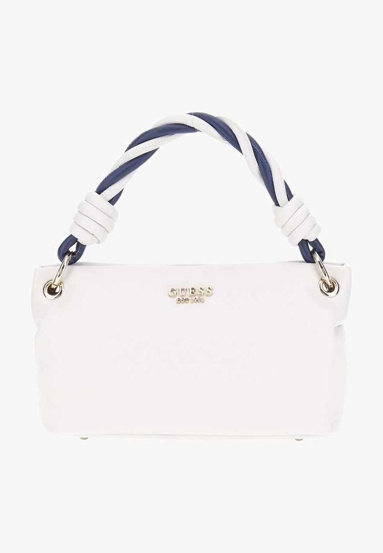 Borsa in ecopelle bianca con manico intrecciato blu navy e bianco, accessori dorati e logo sulla parte frontale. Texture liscia, forma rettangolare.