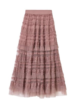 Lang, lagdelt nederdel i blød mauve blonder og tulle. Har flæser, indviklede blonde mønstre og en rynket talje for ekstra tekstur.