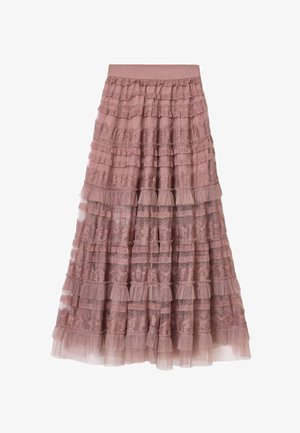 Lang, lagdelt nederdel i blød mauve blonder og tulle. Har flæser, indviklede blonde mønstre og en rynket talje for ekstra tekstur.