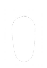 Collana di delicate catene d'argento con piccole perline rotonde distanziate in modo uniforme, con chiusura a molla su uno sfondo bianco.