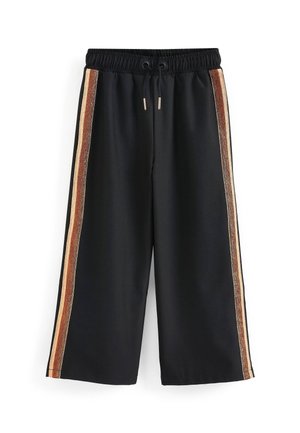 Pantalones negros de pierna ancha con cintura elástica y cordón, con franjas laterales metálicas en tonos dorado, bronce y marrón.