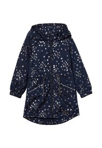 Granatowa wodoodporna kurtka z srebrnym kwiecistym wzorem, regulowanym kapturem, elastycznymi mankietami, zamkiem błyskawicznym z przodu i dwiema dużymi kieszeniami. Lekki i swobodny design.