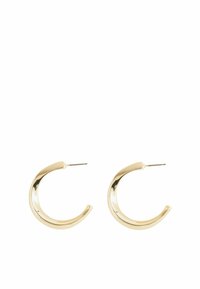 Gold metal hoop earrings with a curved, smooth design and a polished finish. Features a slim post for secure fastening.
