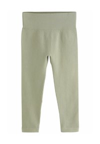 Ráncos leggings puha zsályazöld színben, rugalmas derékkal. Az anyag texturált felületű, és szorosan illeszkedik a lábakhoz.