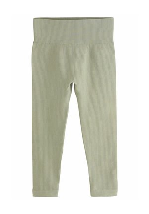Leggings a costine di colore verde salvia soffice con cintura elastica. Il tessuto ha una finitura testurizzata e una vestibilità aderente lungo le gambe.