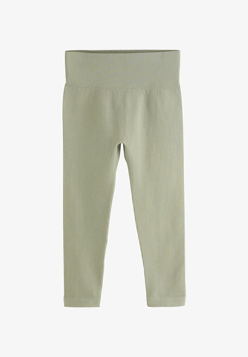 Hellgrüne, gerippte Baby-Leggings mit breitem elastischem Bund und knöchellangen Beinen vor weißem Hintergrund.