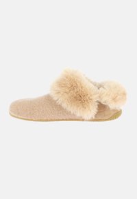 Pantofole beige in feltro con un polsino in pelliccia morbida di colore chiaro. Punta arrotondata e superficie dalla consistenza morbida. Suola in gomma per una buona aderenza.