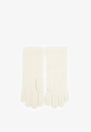 Kremowe, dziane rękawiczki z teksturowanym wzorem na części dłoni oraz gładkim materiałem na mankietach. Pełny design palców.