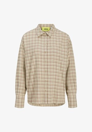 Beige karierte Langarmbluse mit Knöpfen vorne, Kragen und kleinem Brusttaschen, innen am Kragen mit JJXX beschriftet.