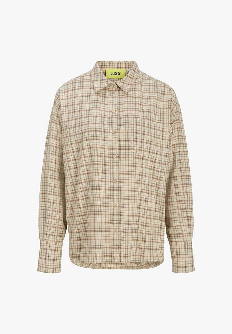 Chemise à manches longues beige à carreaux avec boutons sur le devant, col et petite poche poitrine, portant l'étiquette JJXX à l'intérieur du col.