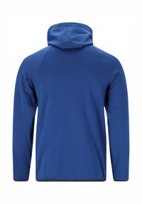 Blå hættetrøje med høj krave, lange ærmer og en glat overflade. Har raglanærmer og en lige kant forneden.