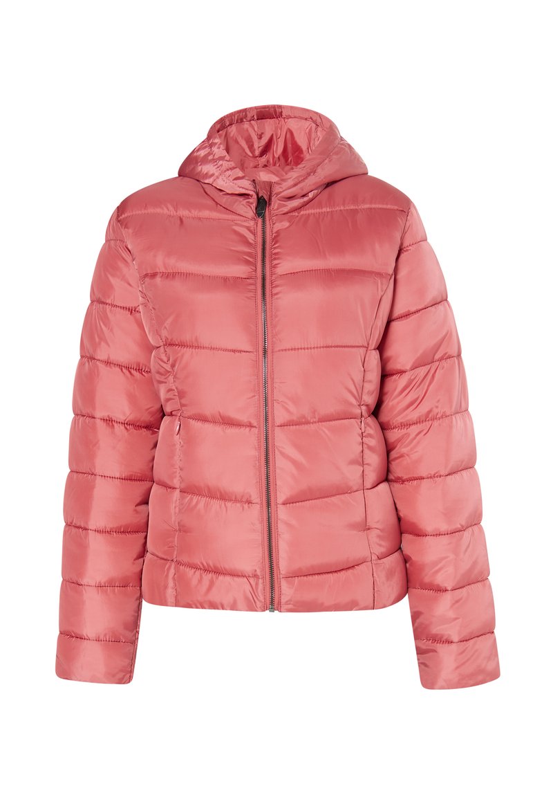 Giacca imbottita rosa con cappuccio, chiusura con zip e design trapuntato caratterizzato da cuciture orizzontali. Materiale liscio e lucido con maniche lunghe.