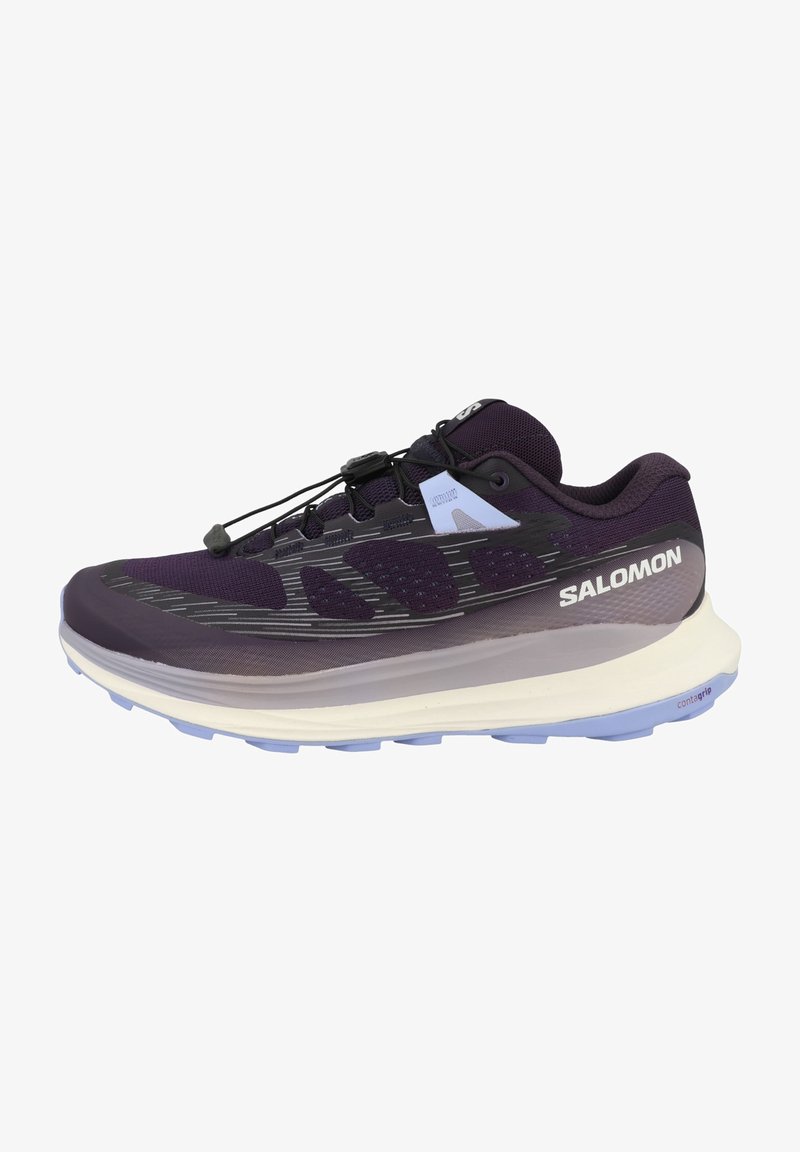 Chaussure de course Salomon violet foncé avec semelle blanche, système de laçage rapide noir et dessus en mesh léger et respirant.