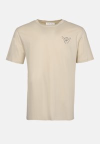 Beige short-sleeve t-shirt made of cotton, featuring a printed hand gesture design on the left chest area, with a relaxed fit and crew neck.