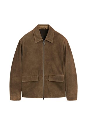 Brown suede jacket with a collar, front zipper, and two front pockets. Features a smooth texture and relaxed fit.