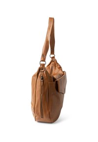 Borsa a spalla in pelle tan con una sola tracolla, compartimento principale con zip e tasca laterale. Texture liscia con minimalismi negli accessori metallici.