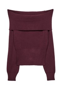 Bordo pulover bez ramena, rebrasti ovratnik i manžetne, mekana tekstura, skraćeni dizajn, debeli materijal s opuštenim krojem.