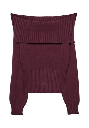 Bordeauxfarbenes schulterfreies Sweatshirt, gerippter Kragen und Ärmel, weicher Stoff, verkürzter Schnitt, dickes Material mit lockerer Passform.