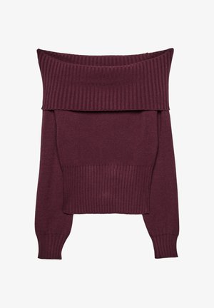Burgundský sveter bez ramienok, rebrovaný golier a manžety, mäkká textúra, skrátený dizajn, hrubá tkanina s voľným strihom.