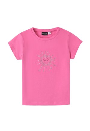 T-shirt rosa a maniche corte in cotone. Presenta un design centrale a forma di cuore con motivo splash, decorato con strass.
