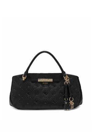 Sac à main Guess noir avec motif logo embossé, ferrure dorée, poignée supérieure et pompons en cuir décoratifs avec breloques en forme de clé.