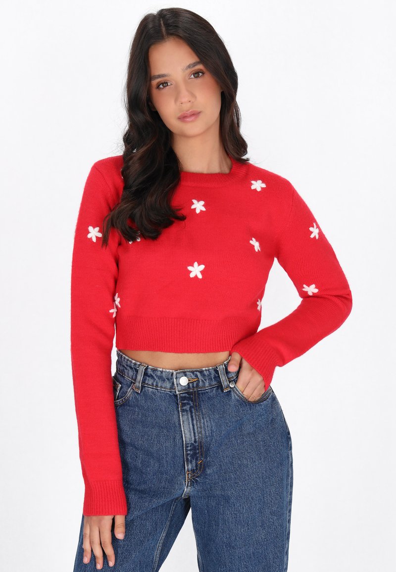 Maglione corto rosso a maglia con collo rotondo, caratterizzato da ricami floreali bianchi. Abbinato a jeans in denim blu a vita alta.