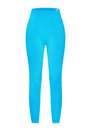 Leggings azules hechos de un material elástico y suave con una cintura alta y un diseño sin costuras, ideales para uso atlético o casual.