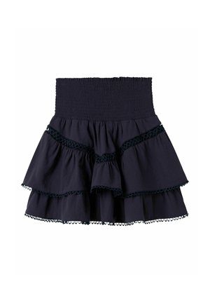 Jupe mini bleu marine à volants avec taille haute smockée et bordure en dentelle décorative le long des couches et de l'ourlet.