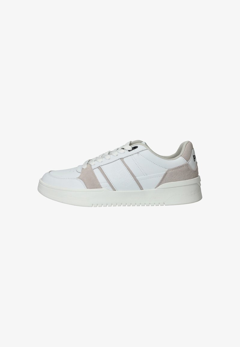 White sneaker featuring smooth leather and suede accents in light gray, lace-up design, textured outsole, and subtle branding on the heel.