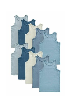 Ensemble de dix débardeurs dans des nuances variées de bleu et de crème. Présente une texture côtelée et un design classique sans manches avec des encolures arrondies.