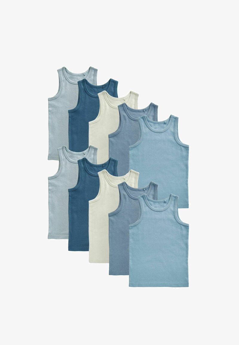Zehn ärmellose Tanktops in Blau- und Weißtönen, angeordnet in zwei versetzten Reihen auf weißem Hintergrund.