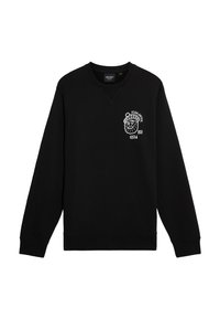 Felpa nera realizzata in misto cotone, con collo a giro, maniche lunghe e un design di leone ricamato bianco con testo sul petto.