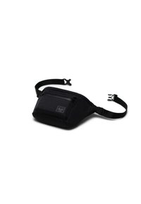 Marsupio nero realizzato in tessuto resistente, dotato di un compartimento principale con zip e una tasca frontale con zip. Cintura regolabile con fibbia.