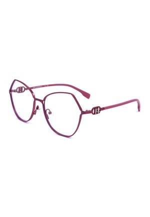 Sottili montature per occhiali in metallo rosa con forma angolare a occhio di gatto e lenti trasparenti, con loghi decorativi "KL" sulle aste.