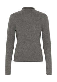 Grauer Pullover aus weichem Stoff; verfügt über einen hohen Kragen und lange Ärmel mit schmaler Passform. Glatte Textur und minimalistisches Design.