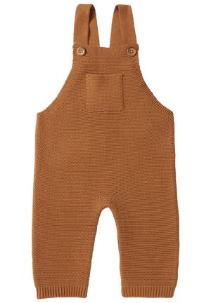 Brune strikkede babyoverall med justerbare skulderstropper, frontlomme og knappelukninger på stropperne.